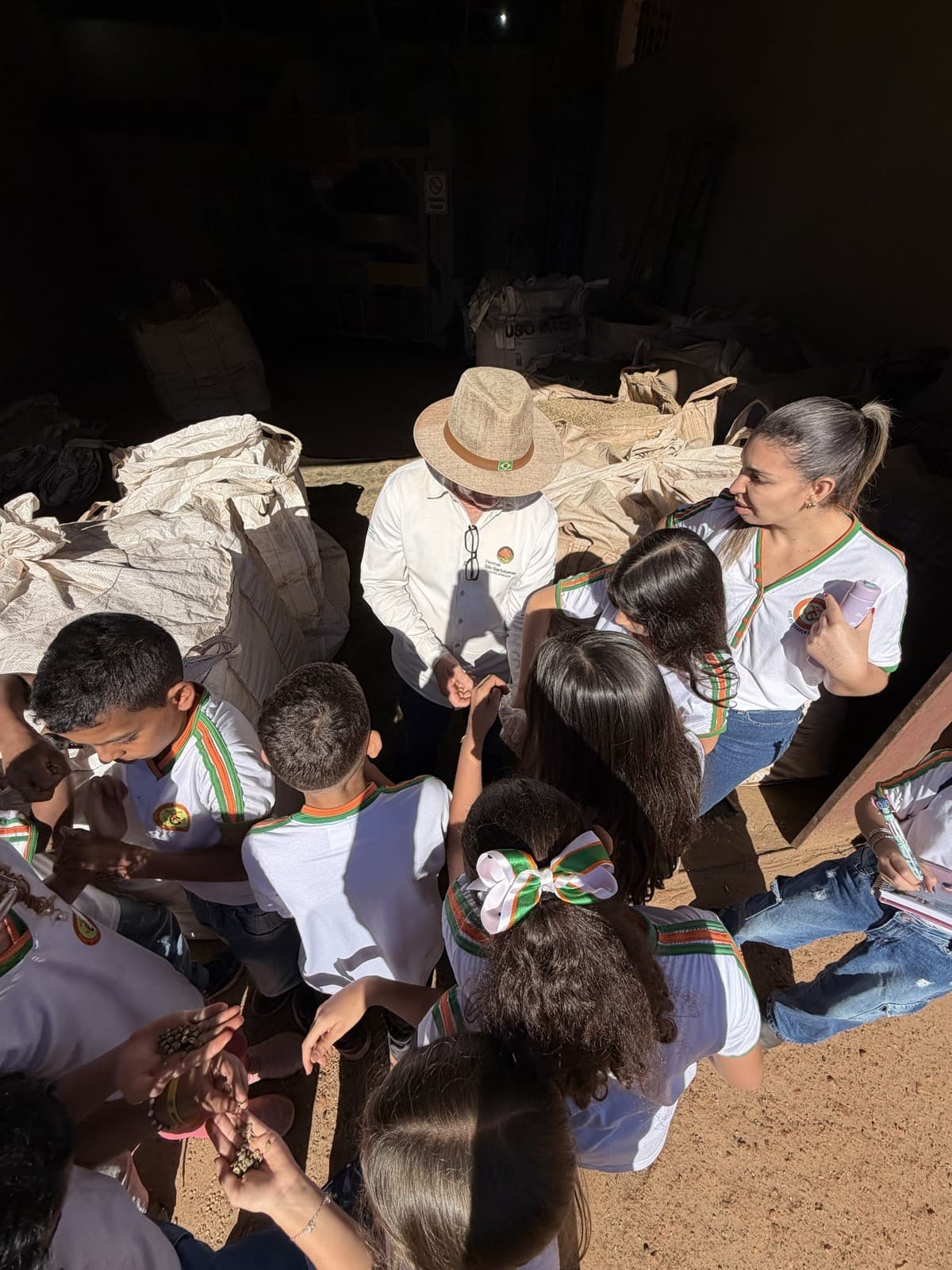 Alunos aprendendo sobre o café com a equipe da Fazenda São Bartolomeu